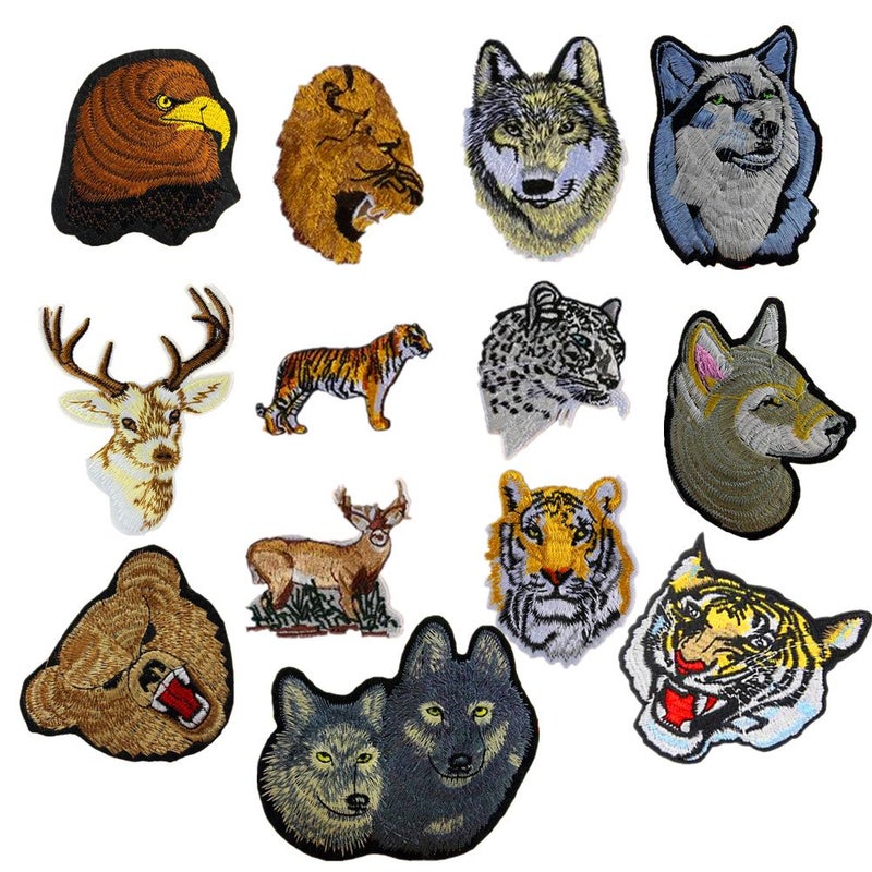 Zhiheng 13pcs Assorted Lion Tiger Leopard Wolf Deer Eagle Embroidered Safri Animal Patches Sew Iron on Applique Badge (Assorted) - Image 1